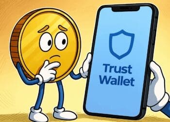 Cartoon van een gouden munt die nadenkend kijkt naar de Trust Wallet-app op een smartphone