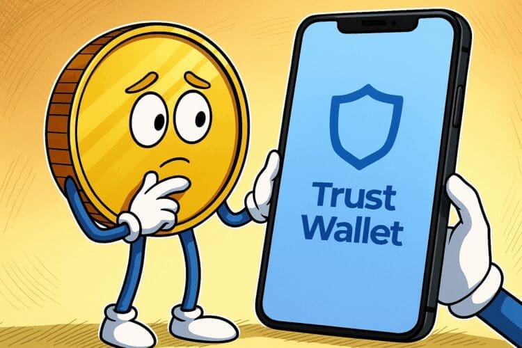 Cartoon van een gouden munt die nadenkend kijkt naar de Trust Wallet-app op een smartphone