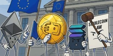 Cartoon van de Digitale Euro, Ethereum, Solana en de Amerikaanse stablecoinwet voor het ECB-gebouw met EU-vlaggen