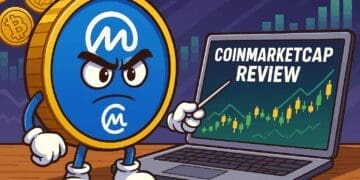 Cartoon van CoinMarketCap-mascotte naast laptop met grafieken en de tekst CoinMarketCap Review, in kleurrijke crypto-karikatuurstijl.