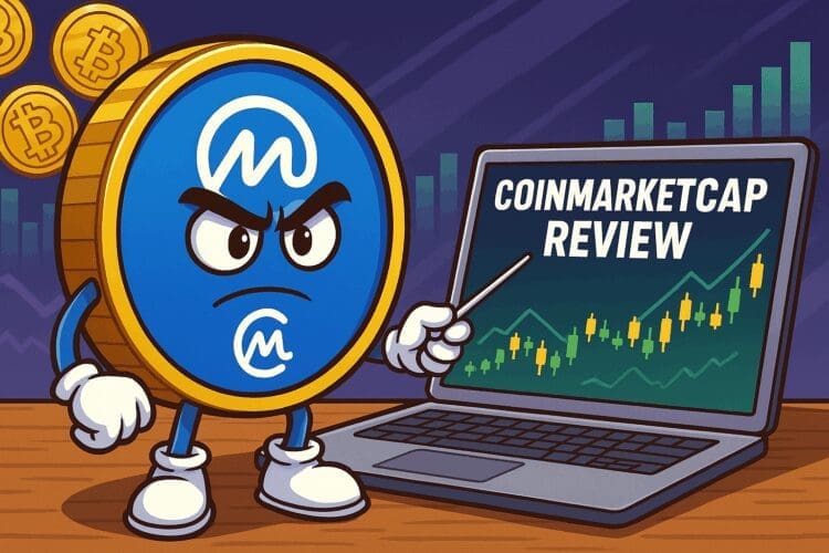 Cartoon van CoinMarketCap-mascotte naast laptop met grafieken en de tekst CoinMarketCap Review, in kleurrijke crypto-karikatuurstijl.