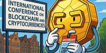 Karikatuur van een gouden Bitcoin-munt als conferentiebezoeker in Amsterdam bij de International Conference on Blockchain and Cryptocurrencies.