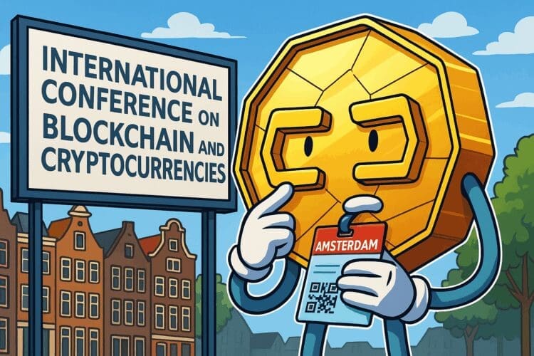 Karikatuur van een gouden Bitcoin-munt als conferentiebezoeker in Amsterdam bij de International Conference on Blockchain and Cryptocurrencies.