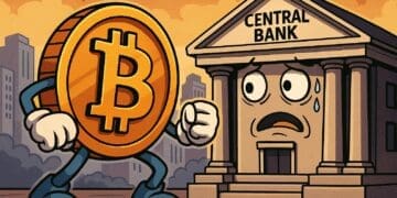Cartoon van een strijdlustige Bitcoin tegenover een angstige centrale bank in een stadslandschap, symbool voor de confrontatie tussen crypto en traditionele financiële instellingen.