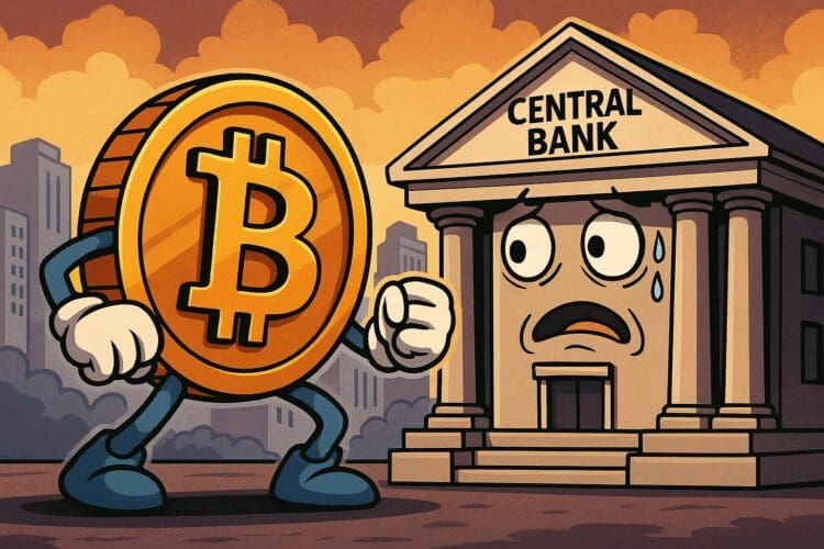 Cartoon van een strijdlustige Bitcoin tegenover een angstige centrale bank in een stadslandschap, symbool voor de confrontatie tussen crypto en traditionele financiële instellingen.