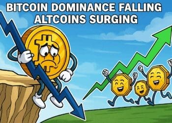 Karikatuur van een bezorgde Bitcoin die aan een dalende pijl hangt, terwijl vrolijke altcoins opgroeien langs een stijgende pijl, symbool voor marktsverschuiving.
