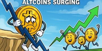 Karikatuur van een bezorgde Bitcoin die aan een dalende pijl hangt, terwijl vrolijke altcoins opgroeien langs een stijgende pijl, symbool voor marktsverschuiving.