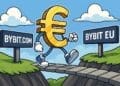 Cartoon van een euro-symbool dat van Bybit.com naar Bybit EU loopt als symbool voor de migratie van gebruikers.