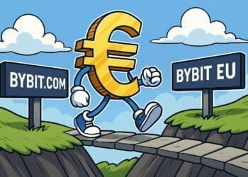 Cartoon van een euro-symbool dat van Bybit.com naar Bybit EU loopt als symbool voor de migratie van gebruikers.