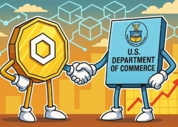 Cartoon van Chainlink en het Amerikaanse ministerie van Economische Zaken als karakters die elkaar de hand schudden met blockchain op de achtergrond
