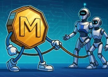 Cartoonachtige afbeelding van een gouden $eMDR-token met armen en benen dat twee futuristische robots aan een touw begeleidt, op een technologische achtergrond