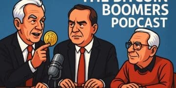 Karikatuur van drie mannen die praten over Bitcoin tijdens een podcast, met een microfoon en een Bitcoin-munt op tafel.