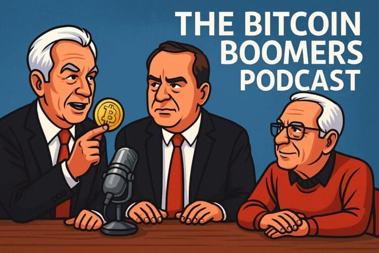 Karikatuur van drie mannen die praten over Bitcoin tijdens een podcast, met een microfoon en een Bitcoin-munt op tafel.