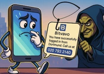 Karikatuur van een smartphone die een verdachte Bitvavo phishing-SMS ontvangt, terwijl een crimineel met een hengel probeert te misleiden.