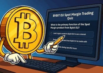 Cartoon van een grote Bitcoin-munt die een Spot Margin Trading quiz op Bybit EU invult op een computer.