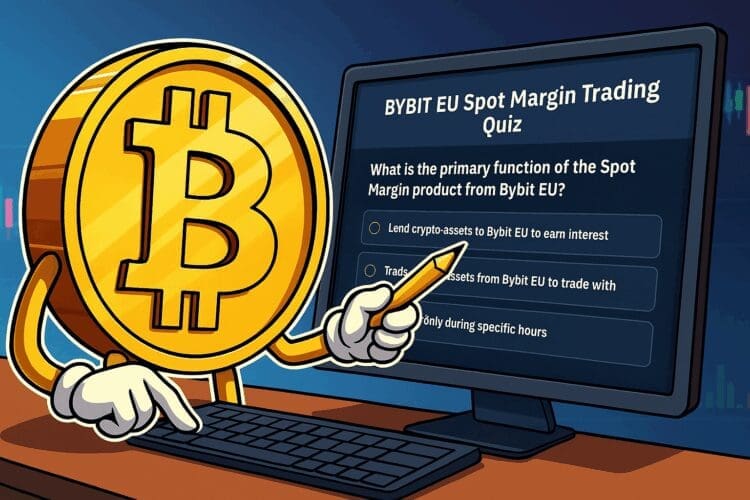 Cartoon van een grote Bitcoin-munt die een Spot Margin Trading quiz op Bybit EU invult op een computer.