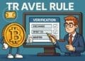 Cartoon van een Bitcoin personage en een zakenman die Travel Rule verificatie invullen bij Bybit.eu