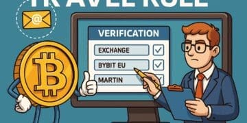 Cartoon van een Bitcoin personage en een zakenman die Travel Rule verificatie invullen bij Bybit.eu