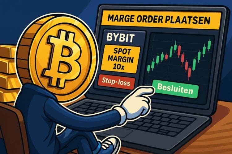 Cartoonstijl illustratie van een trader die een marge order plaatst bij Bybit.eu, met Nederlandse teksten zoals “Spot Margin 10x”, “Stop-loss” en “Take-profit”.
