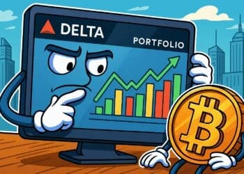 Karikatuurillustratie van een tablet met Delta-portfolio die samen met een Bitcoin-munt grafieken analyseert in een stadsachtergrond