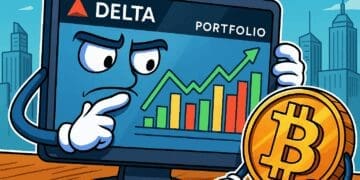 Karikatuurillustratie van een tablet met Delta-portfolio die samen met een Bitcoin-munt grafieken analyseert in een stadsachtergrond