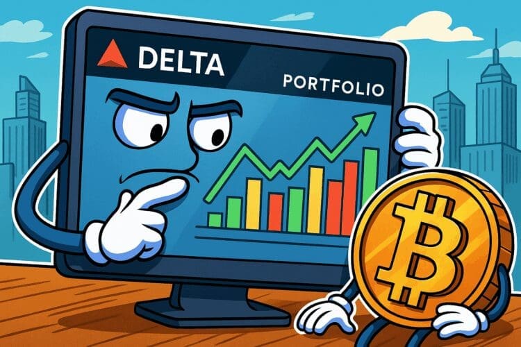 Karikatuurillustratie van een tablet met Delta-portfolio die samen met een Bitcoin-munt grafieken analyseert in een stadsachtergrond