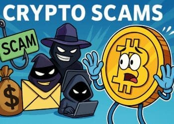 Een geschrokken Bitcoin-karakter wordt omringd door karikaturen van veelvoorkomende crypto scams zoals phishing, hackers en valse wallets, met een grote tekst “Crypto Scams” erboven.