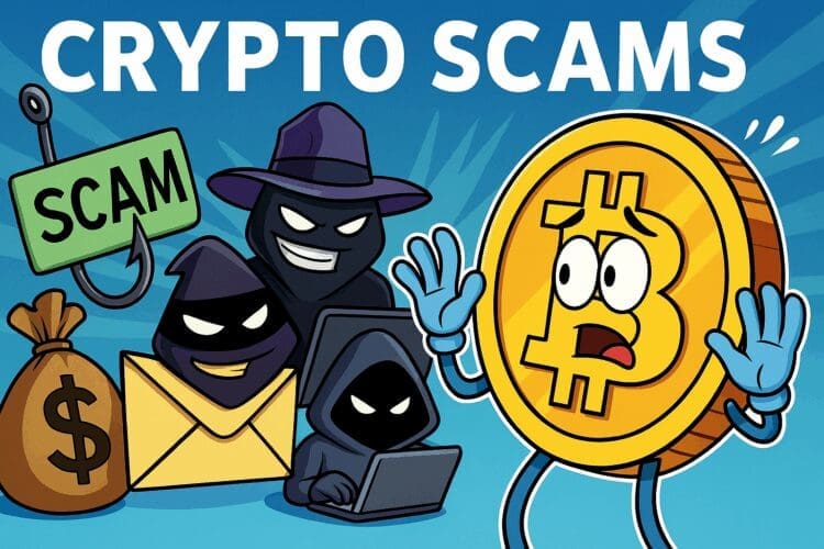 Een geschrokken Bitcoin-karakter wordt omringd door karikaturen van veelvoorkomende crypto scams zoals phishing, hackers en valse wallets, met een grote tekst “Crypto Scams” erboven.