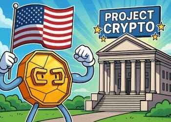 Cartoon van een lachende gouden cryptomunt met Amerikaanse vlag naast overheidsgebouw met bord “Project Crypto”