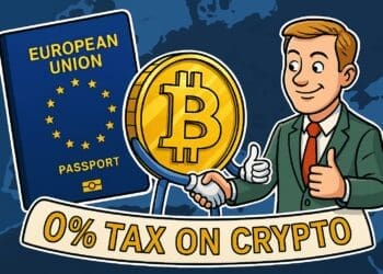 Cartoonachtige illustratie van een lachende man in pak die de hand schudt van een grote gouden Bitcoin-munt, met een EU-paspoort en de tekst “0% tax on crypto” op de achtergrond.