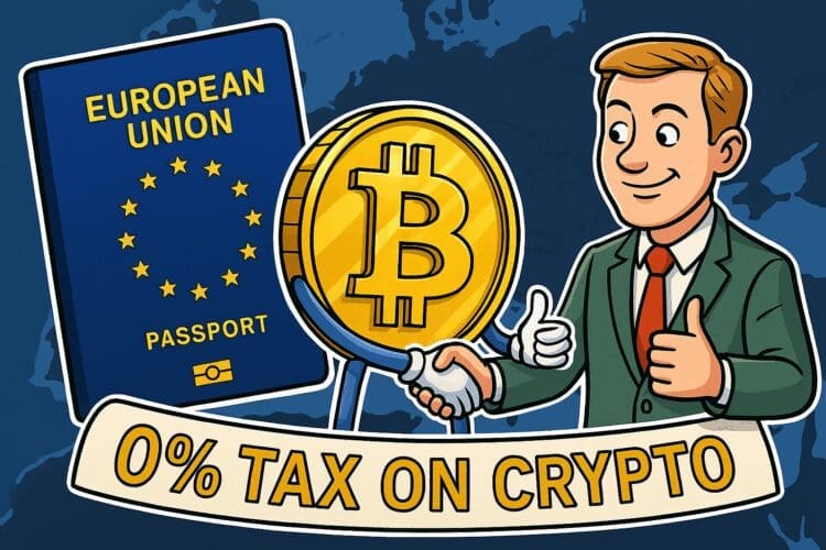 Cartoonachtige illustratie van een lachende man in pak die de hand schudt van een grote gouden Bitcoin-munt, met een EU-paspoort en de tekst “0% tax on crypto” op de achtergrond.