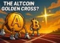 Cartoon van een altcoin en bitcoin als sporters op een atletiekbaan met een gouden kruis in de lucht bij zonsondergang, symbolisch voor een mogelijke altseason.