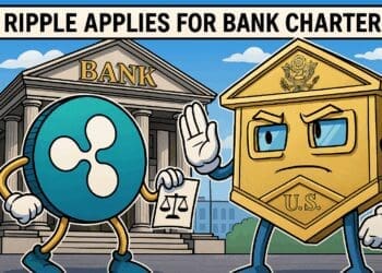 Karikatuur van Ripple’s XRP-logo dat een bankvergunning probeert aan te vragen bij een personificatie van een Amerikaanse overheidsbank.