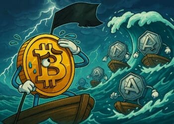 Karikatuur van een bezorgde Bitcoin-munt in een klein bootje tijdens een stormachtige zee, terwijl meerdere altcoin-munten in boten achter een grote golf aanvaren, zonder logo’s of tekst, in een kleurrijke, dramatische crypto-stijl.