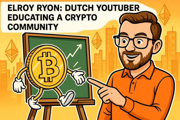 Een kleurrijke digitale cartoon van Elroy Ryon, een Nederlandse YouTuber, die crypto-educatie geeft. Hij staat voor een groen schoolbord met een oplopende grafiek en houdt een gouden Bitcoin-karakter vast, terwijl de stad op de achtergrond gevuld is met zwevende Ethereum-logo’s.