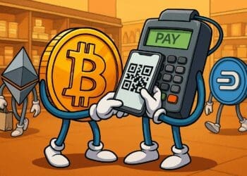 Crypto-personages zoals Bitcoin, Ethereum en Stablecoin gebruiken een POS-terminal in een winkel voor betalingen via GoSettle.