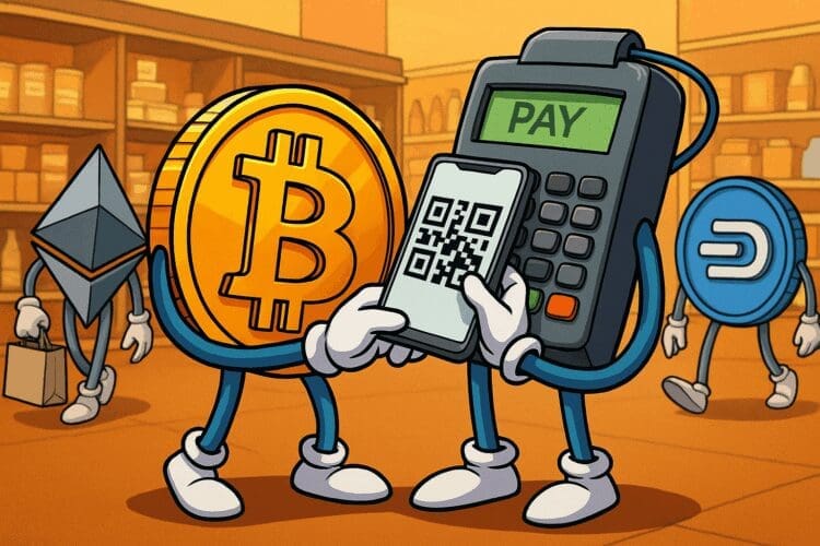 Crypto-personages zoals Bitcoin, Ethereum en Stablecoin gebruiken een POS-terminal in een winkel voor betalingen via GoSettle.