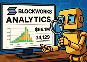 Karikatuur van een robot die Solana Launchpad-data analyseert op Blockworks Analytics met grafieken en cijfers.
