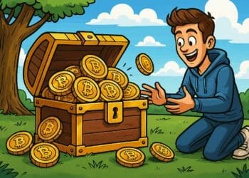 Cartoonillustratie van een jonge man die een schatkist vol Bitcoin-munten ontdekt, symbool voor waardevolle gratis crypto-tools voor beginners.