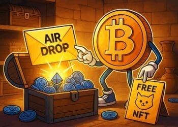 Cartoonillustratie van een crypto-schatkaart met verborgen airdrops, NFT-iconen en tokens.