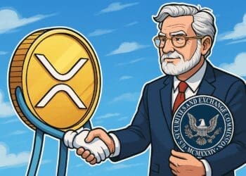 Cartoon van een XRP-munt die een SEC-functionaris de hand schudt, symbool voor het einde van hun juridische strijd.