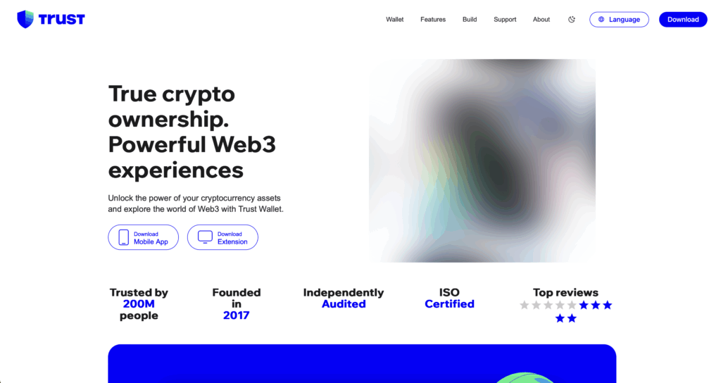 Screenshot van de Trust Wallet homepage met informatie over de mobiele app, browserextensie en kenmerken zoals 200 miljoen gebruikers en ISO-certificering.