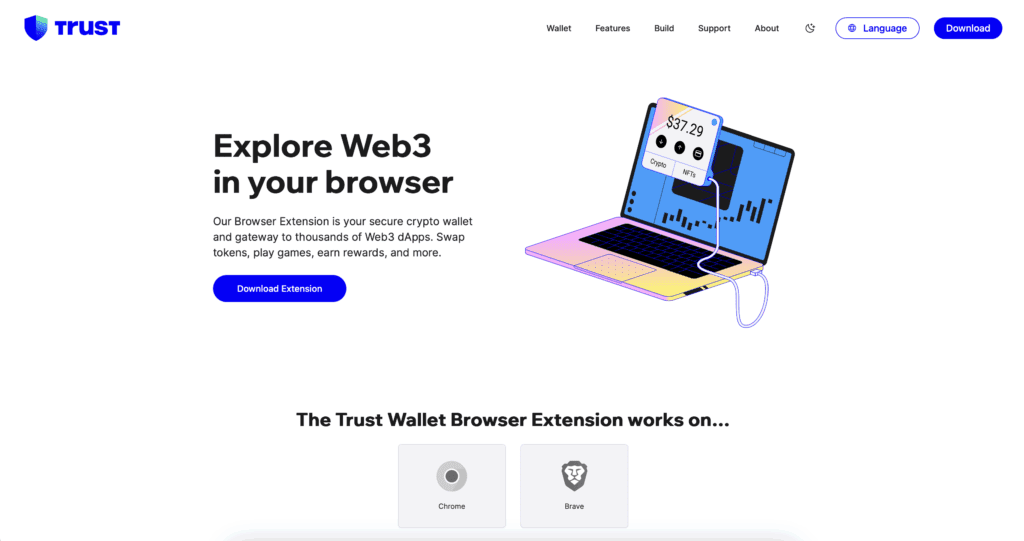 Screenshot van de Trust Wallet website die de browserextensie toont met een laptopillustratie en de mogelijkheid om Web3 dApps te verkennen.