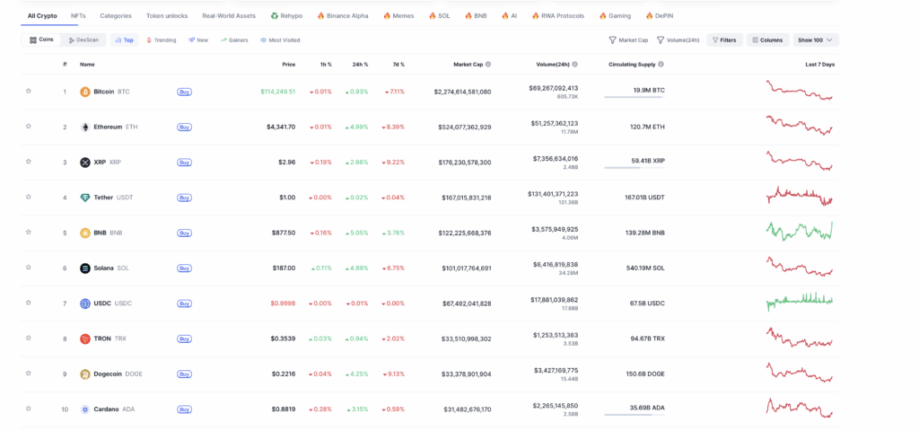 Screenshot van CoinMarketCap met Cardano (ADA) op plek 10, geprijsd rond $0,88, naast Bitcoin, Ethereum, XRP en andere topmunten, waarmee ADA zijn positie in de top 10 cryptovaluta behoudt.