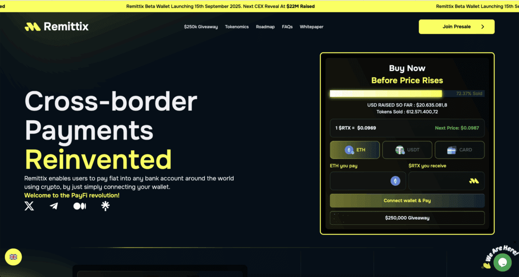 Screenshot van het Remittix token presale dashboard waarop meer dan 20 miljoen dollar raised is en de optie om RTX tokens te kopen met ETH, USDT of creditcard.