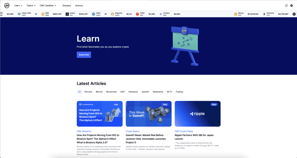 Screenshot van de CoinMarketCap Learn-pagina met educatieve crypto-artikelen en categorieën zoals Bitcoin, DeFi en NFT’s.