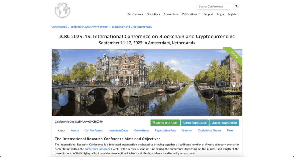 Webpagina van de International Conference on Blockchain and Cryptocurrencies 2025 met foto van de grachten in Amsterdam en conferentie-informatie.