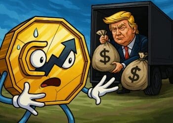 Cartoon van een verbaasde crypto-token terwijl Donald Trump zakken geld uit een truck laadt, als satire op insiderverkopen van de WLFI-token