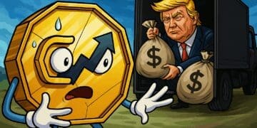 Cartoon van een verbaasde crypto-token terwijl Donald Trump zakken geld uit een truck laadt, als satire op insiderverkopen van de WLFI-token