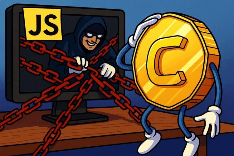 Cartoon van een crypto-munt die vastzit in rode kettingen afkomstig uit een computerscherm met JavaScript-logo, aangestuurd door een hacker in hoodie.